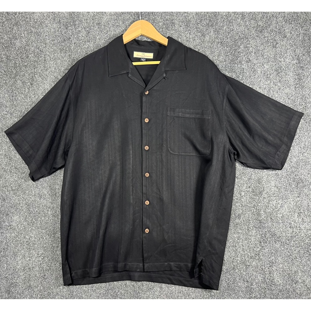 Tommy Bahama Relax Mens XL Black Herringbone Silk Blend Camp Shirt Short Sleeve